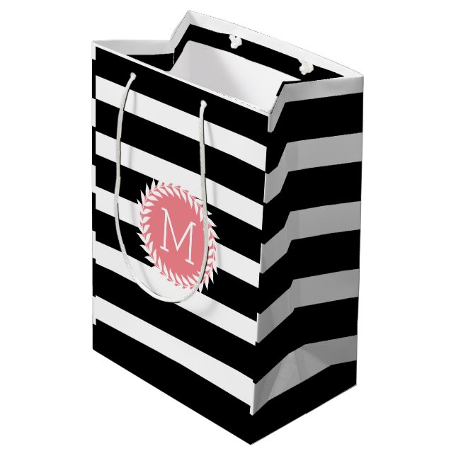 Sac Cadeau Moyen Grilles noires et blanches monogrammes et couronne (Dos Angle)