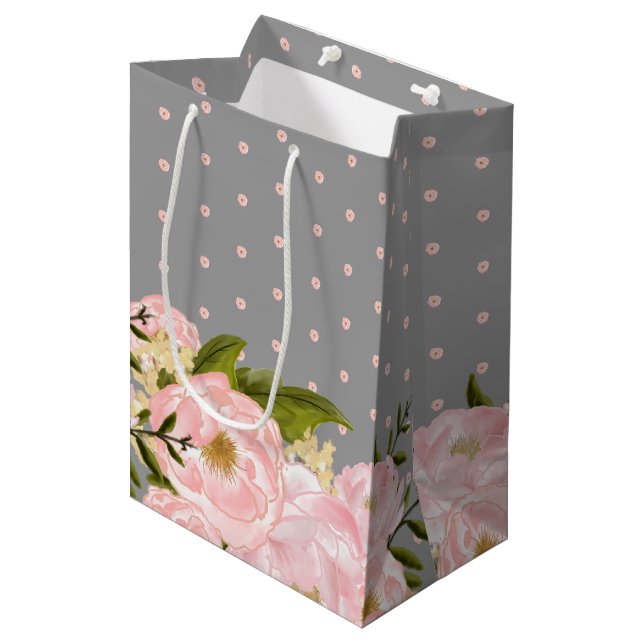 Sac Cadeau Moyen Gris | Blush Pink Peonies Mariage (Devant Angle)