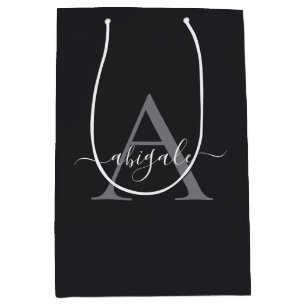 Sac Cadeau Moyen Gris de charbon noir monogramme Élégant minimal