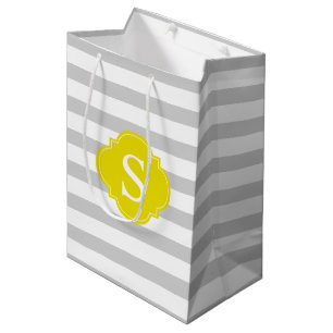 Sac Cadeau Moyen Gris et rayures jaunes Motif et monogramme