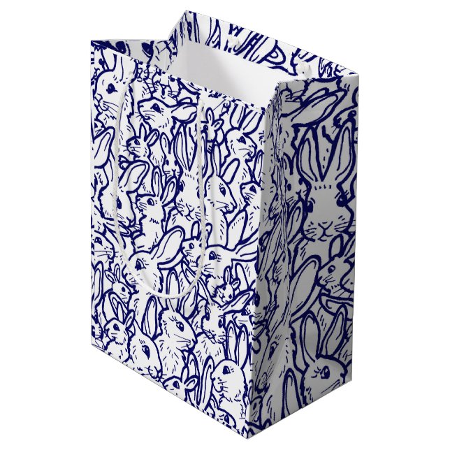 Sac Cadeau Moyen Gros Motif de lapin blanc bleu marine (Dos Angle)
