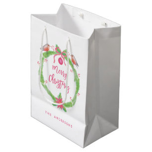 Sac Cadeau Moyen Guirlande "Joyeux Noël " de houx d'aquarelle