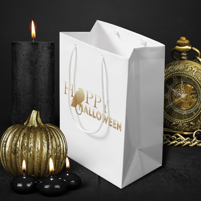Sac Cadeau Moyen Halloween adulte moderne Gold et White Chic (white and gold elegant Halloween treats gift bag)