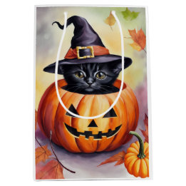 Sac Cadeau Moyen Halloween Black Kitten sorcier Casquette Citrouill