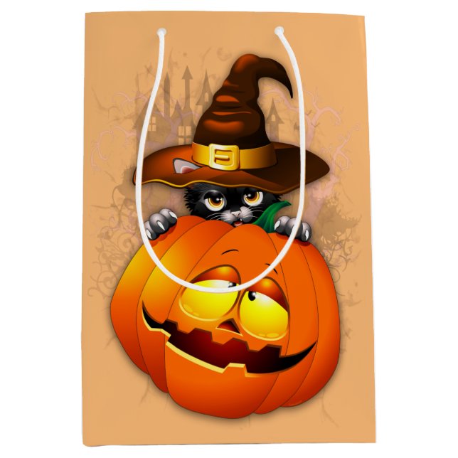 Sac Cadeau Moyen Halloween Cute Kitty Witch et ami Citrouille (Devant)