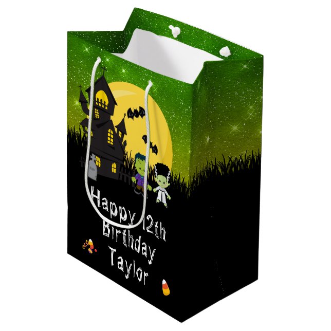 Sac Cadeau Moyen Halloween Joyeux Anniversaire Monstres Vert (Devant Angle)
