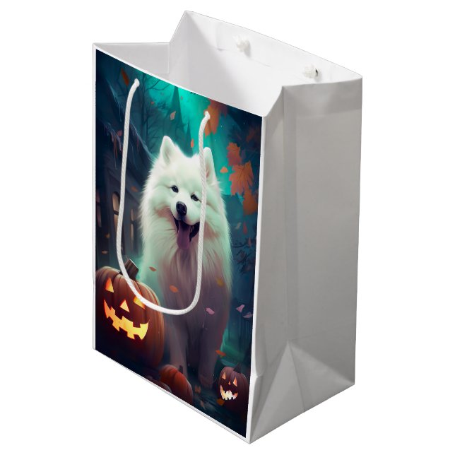 Sac Cadeau Moyen Halloween Samoyé Avec Peur Citrouille (Devant Angle)