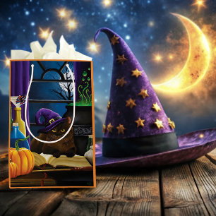 Sac Cadeau Moyen Halloween sorcière chat violet magie