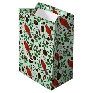 Sac Cadeau Moyen Hand Drawn Christmas Cardinals & Pinecones Holiday