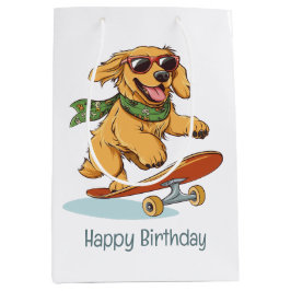 Sac Cadeau Moyen Happy Birthday Golden Retriever Dog Skateboarding