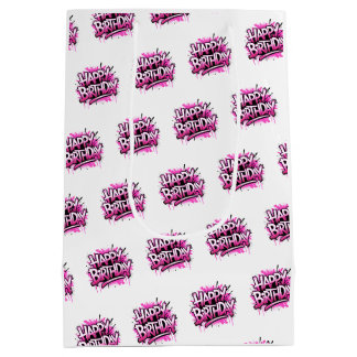 Sac Cadeau Moyen Happy Birthday Graffiti Pink & White Bag