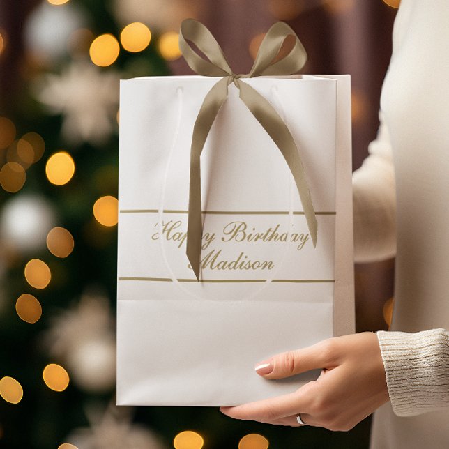 Sac Cadeau Moyen Happy Birthday Script Name White Gold (Créateur téléchargé)