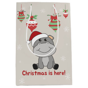 Sac Cadeau Moyen Hippo Joyeux Noël Animaux d'hiver Hippopotames Moy