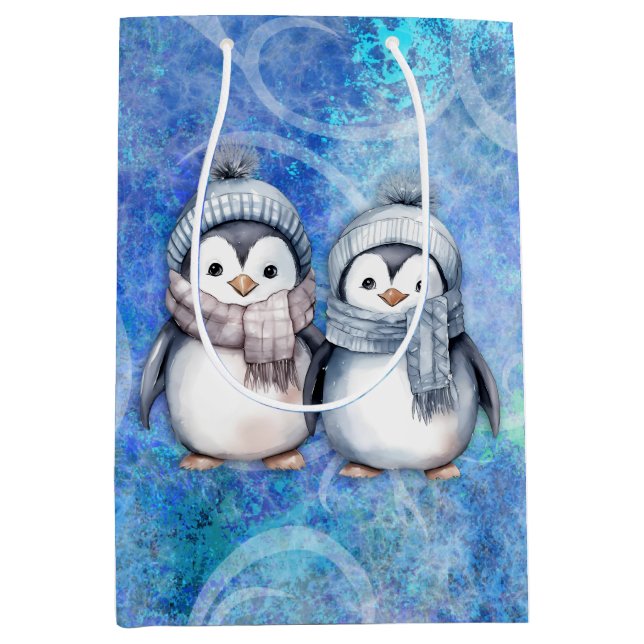 Sac Cadeau Moyen Hiver Bleu Aquarelle Pingouins Écarts Casquette (Devant)