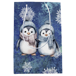 Sac Cadeau Moyen Hiver Bleu Aquarelle Pingouins Écarts Casquette
