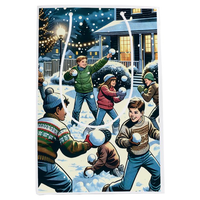 Sac Cadeau Moyen Hiver Night Snowball combat Noël (Devant)