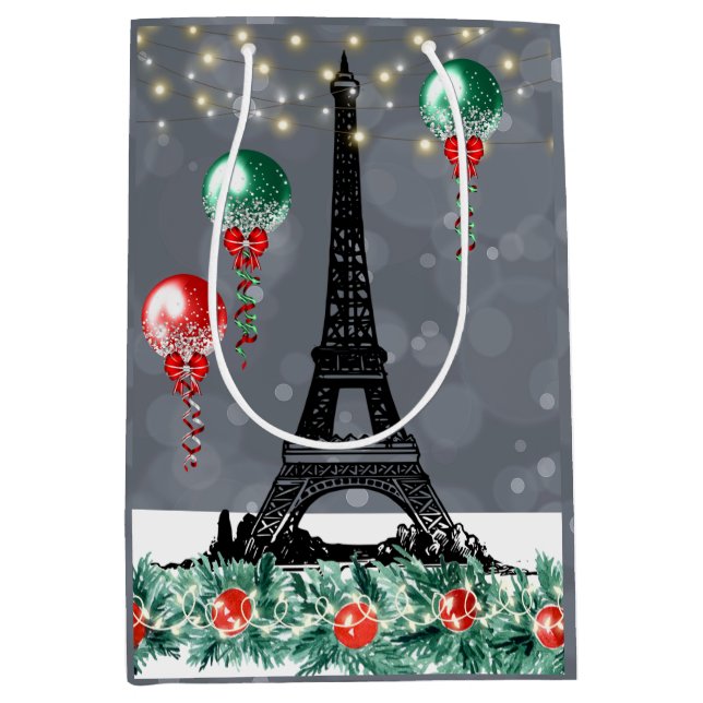 Sac Cadeau Moyen Hiver Tour Eiffel, Noël Balloons Nuit (Devant)