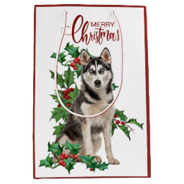 Sac Cadeau Moyen Holly Red Berry Siberian Husky Chien Noël