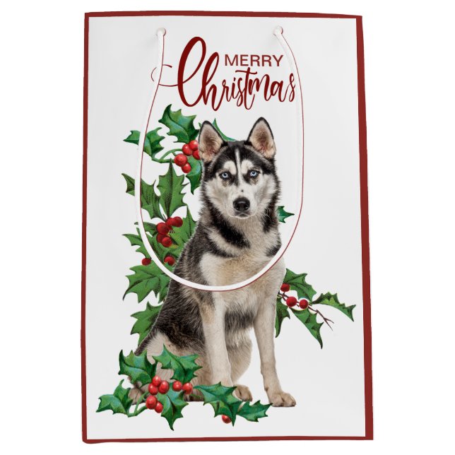 Sac Cadeau Moyen Holly Red Berry Siberian Husky Chien Noël (Devant)