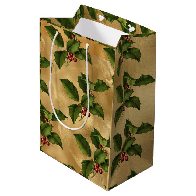 Sac Cadeau Moyen Huile d'Or Luxe, Holly Verte, Berries Rouges (Dos Angle)