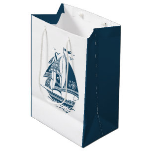 Sac Cadeau Moyen Illustration de bateau nautique marine-Blue Wind