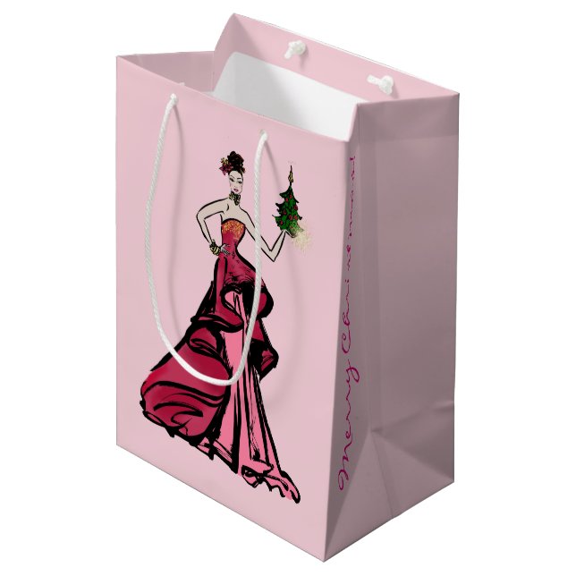 Sac Cadeau Moyen Illustration de la mode de Noël avec un arbre (Devant Angle)