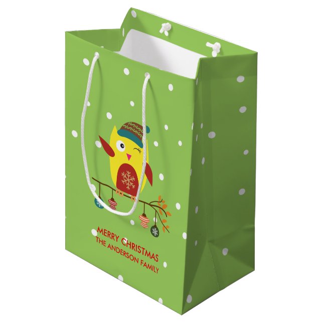 Sac Cadeau Moyen Illustration de Noël de la chouette d'hiver (Devant Angle)