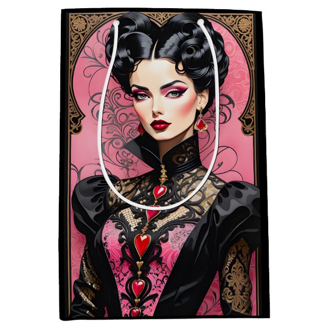 Sac Cadeau Moyen Imaginaire rose et noir Goth Valentine Lady (Devant)