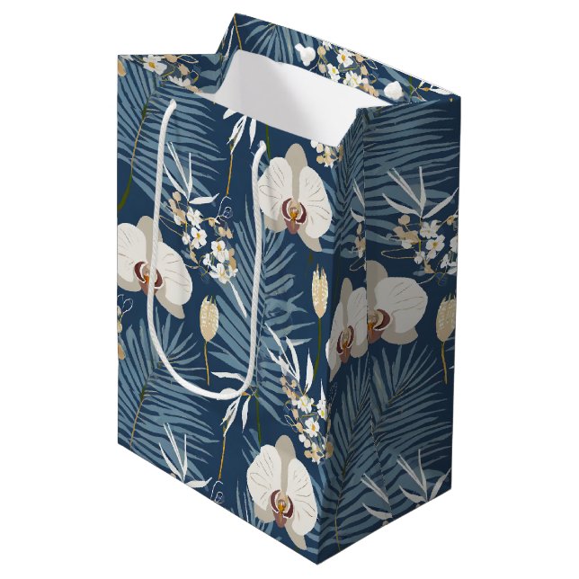 Sac Cadeau Moyen imprimé hawaïen d'orchidées bleues (Devant Angle)