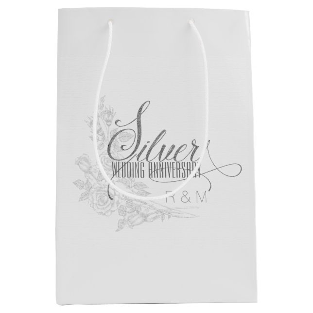 Sac Cadeau Moyen Initiales du 25e anniversaire d'argent et roses bl (Devant)