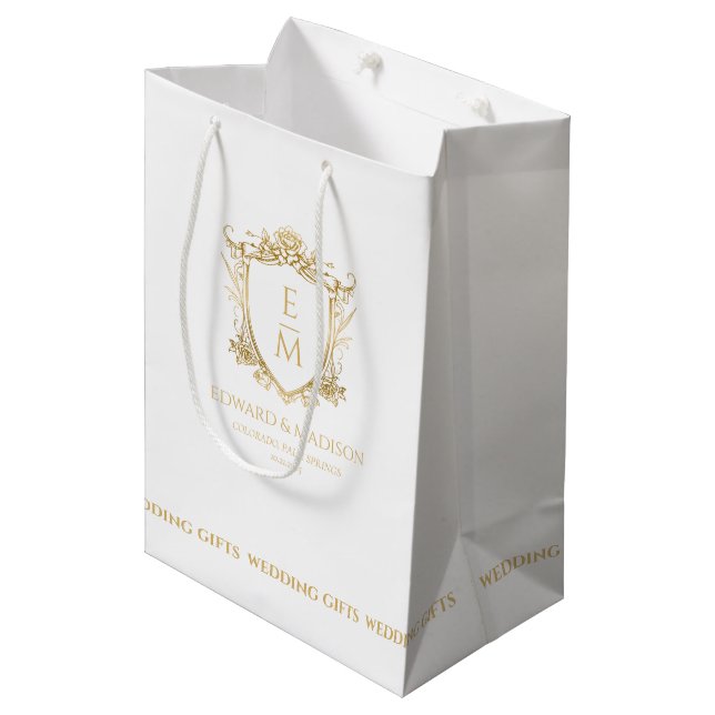 Sac Cadeau Moyen Initiales Mariage or & Mariage Floral Crest (Devant Angle)