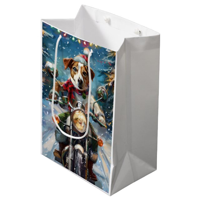 Sac Cadeau Moyen Jack Russell Chien équitation Moto Noël (Devant Angle)
