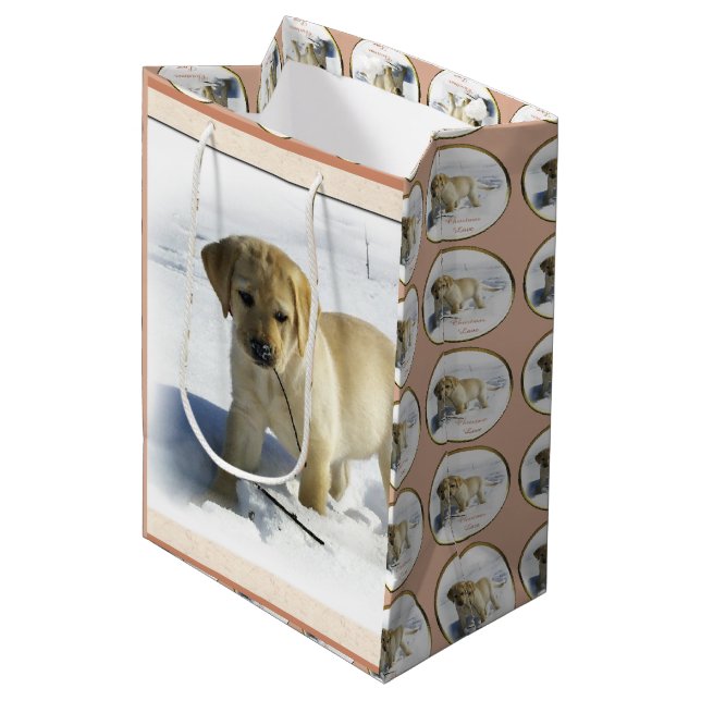 Sac Cadeau Moyen Jaune Labrador Retriers Noël (Devant Angle)