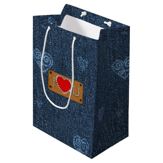 Sac Cadeau Moyen Je T'Aime. Nom personnalisé du Motif Denim bleu (Devant Angle)