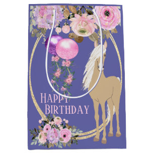 Sac Cadeau Moyen Joli Cheval et Fleurs Rose Pervenche Anniversaire