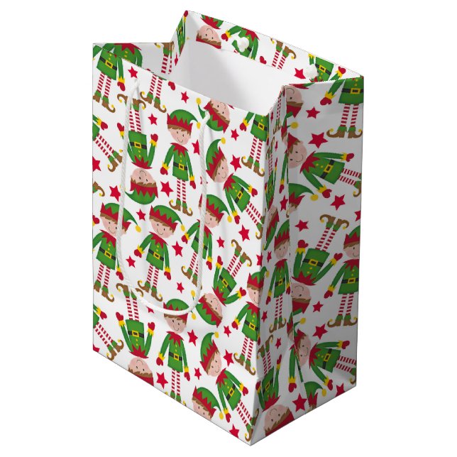 Sac Cadeau Moyen Joli elfe de Noël Rouge Vert (Devant Angle)