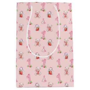 Sac Cadeau Moyen Joli En vichy rose, lapins et ours !
