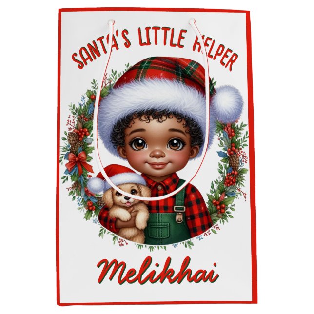 Sac Cadeau Moyen Joli garçon afro-américain avec Noël chiot (Devant)