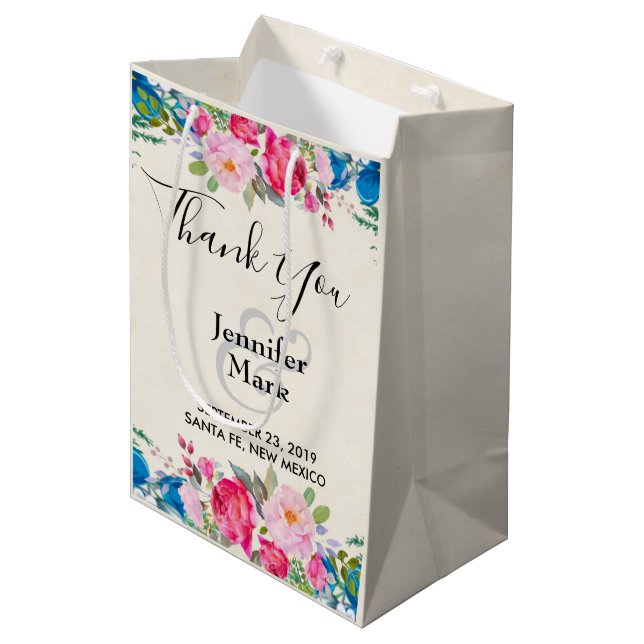 Sac Cadeau Moyen Joli Mariage de frontière rose et bleu (Devant Angle)