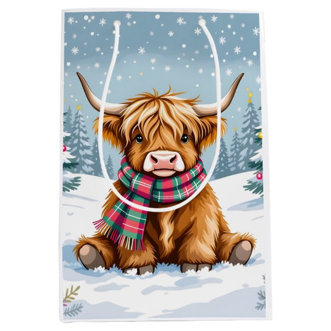 Sac Cadeau Moyen Joli Noël de vache Whimsical Highland (Devant)