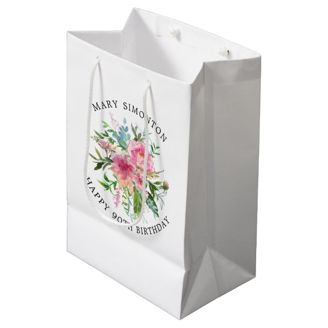 Sac Cadeau Moyen Joli Peony rose Floral 90e anniversaire (Devant Angle)
