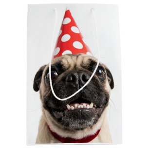 Sac Cadeau Moyen Joli Pug d'anniversaire en chapeau de fête rouge
