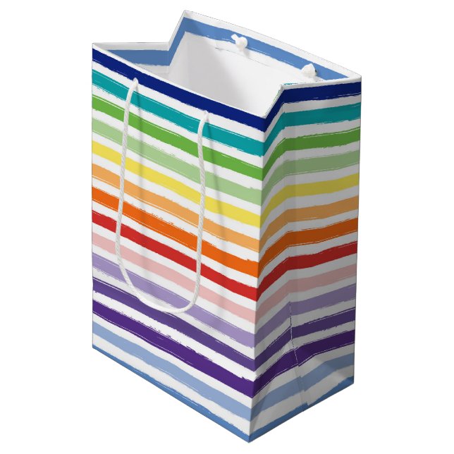 Sac Cadeau Moyen Joli Rainbow Stripe Motif Anniversaire (Devant Angle)