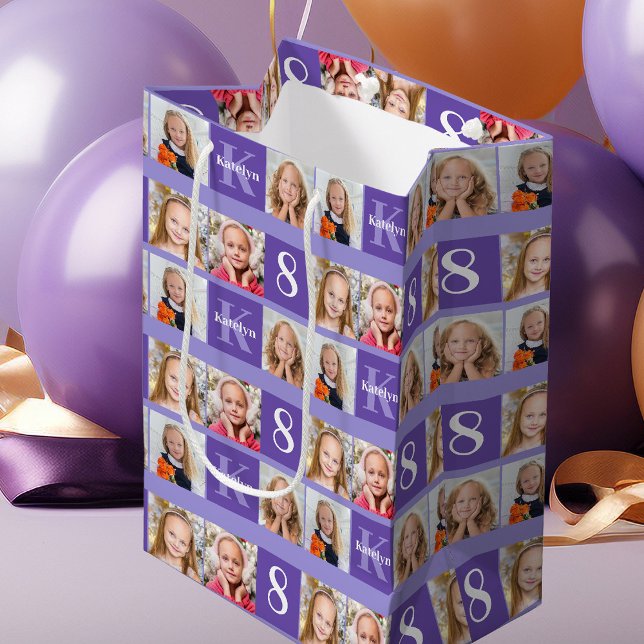 Sac Cadeau Moyen Joli violet Anniversaire Photo Collage personnalis (Créateur téléchargé)