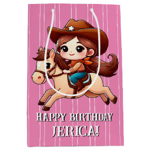 Sac Cadeau Moyen Jolie Anniversaire de Cowgirl et Cheval Western