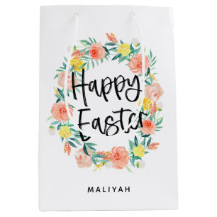 Sac Cadeau Moyen Jolie aquarelle Floral Wreath Pâques Nom