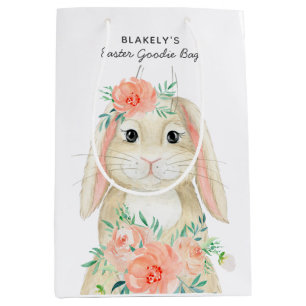 Sac Cadeau Moyen Jolie Aquarelle Lapin Floral Pâques Nom