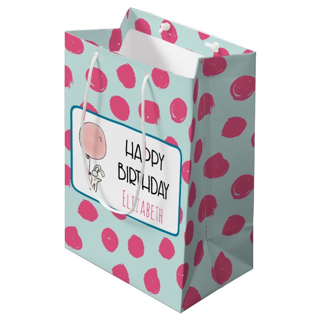 Sac Cadeau Moyen Jolie Bunny tenant un ballon Joyeux anniversaire (Devant Angle)