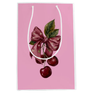 Sac Cadeau Moyen Jolie Coquette Cerise Ruban Rose Esthétique