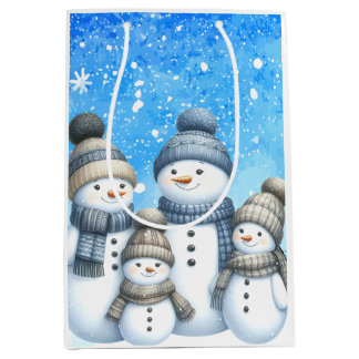 Sac Cadeau Moyen Jolie famille des bonhomme de neige dans la neige